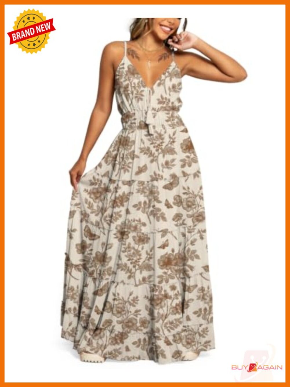 Boho Floral Tiered Maxi Dress V Neck Sleeveless Flowy Summer Sundress Cotton